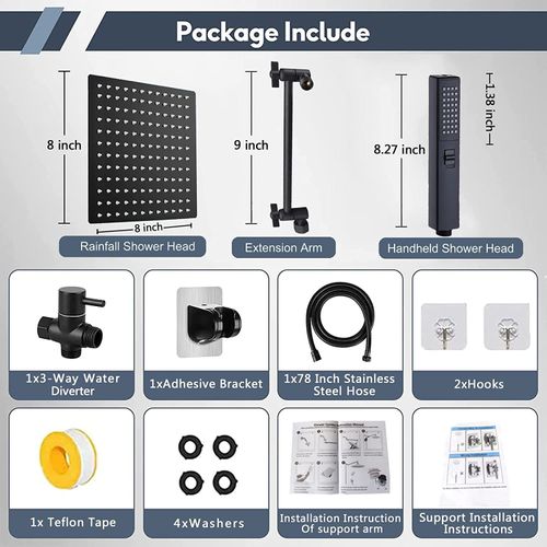 Black Shower Faucet Set, 8inch High Pressure Rain Shower Head, Shower Head with 9 Inch Extension Arm, Dual Shower Head, Handheld Showerhead Combo, 2 in 1 Handheld Shower Head with Holder and Hose