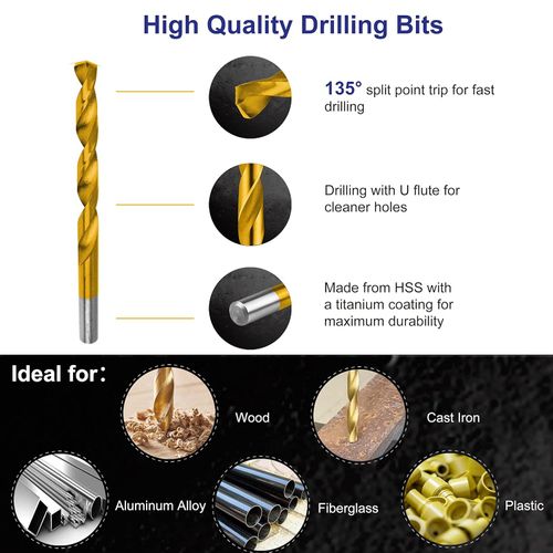 99pcs Straight Shank Twist Drill Set High-Speed Steel Ti-Plating Drill Bits Kit Punching and Drilling Accessory Twist Drills with Storage Box