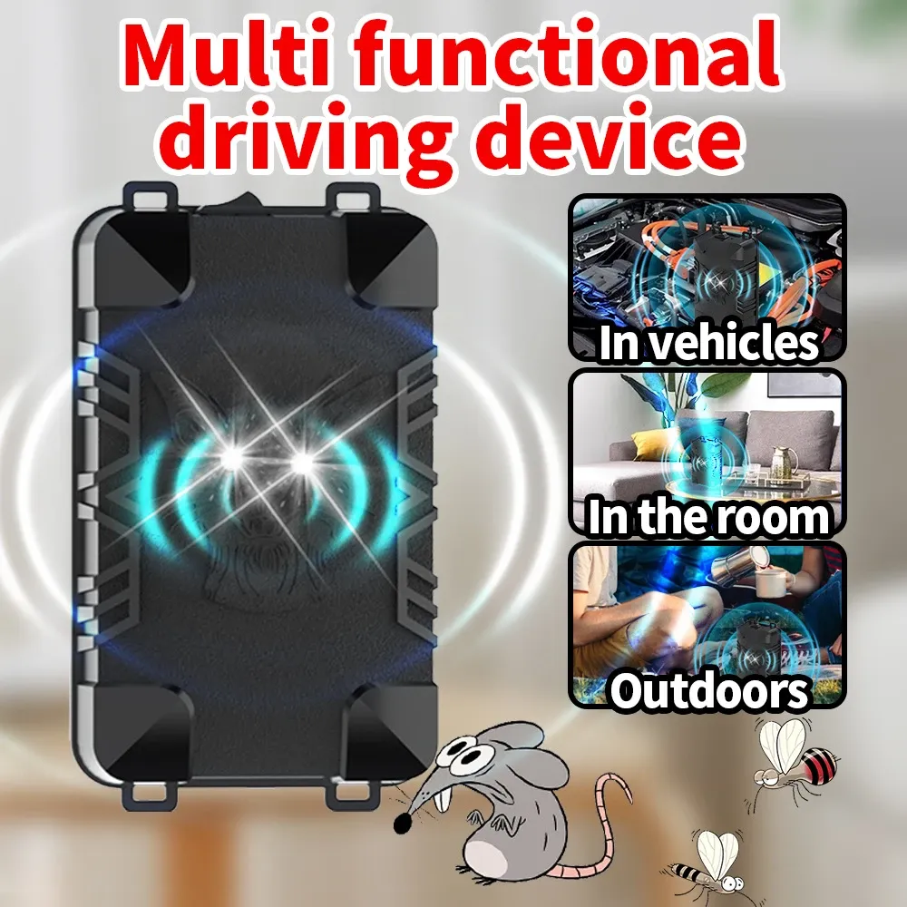 JKUOO Multifunctional Car and Home Pest Repeller, Insertable Ultrasonic Emitter + Flashing Light Dual Repellent, Intelligent Frequency, Flame Retardant Material, Controls the Mice, Mosquitoes, Insects, Spiders, Ants, Roaches, Birds, Suitable for Cars, Houses, Appliances, Kitchens, Warehouses, Dormitorie