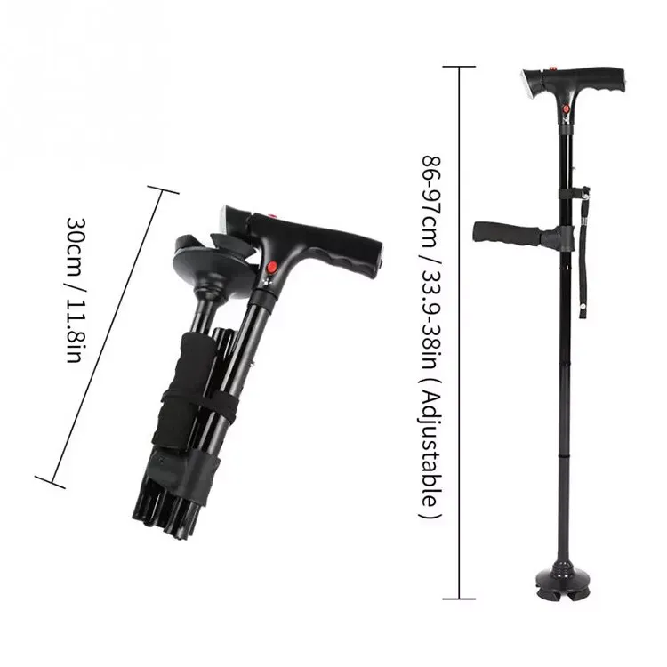 Portable Walking Stick Old Peoples Stick Medical Crutches Folding Walking Cane With LED Light and Alarm