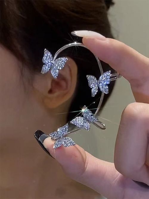 Silver Plated Metal Butterfly Ear Clips Without Piercing for Women Sparkling Zircon Ear Cuff Clip Earrings Wedding Jewelry