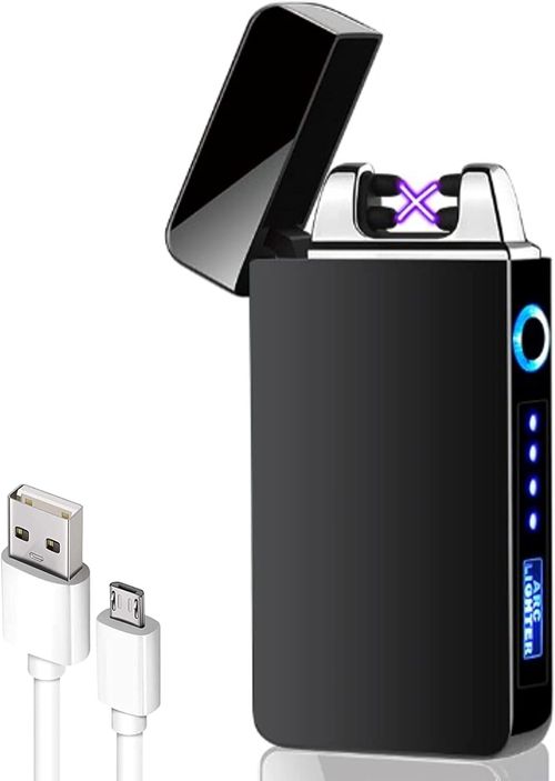 Portable Arc Lighter USB Rechargeable Lighters for Smoking Windproof Flameless Electric Lighter with LED Display Power for Candle with Gift Box (Black)