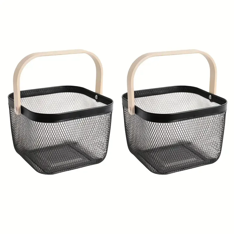 2pcs Square Metal Mesh Fruit Baskets with Wooden Handles
