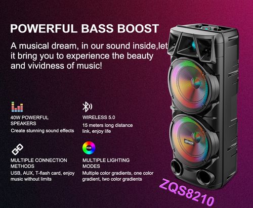 ZQS8210 dual 8-inch speakers, subwoofer, portable party karaoke sound system, 80W peak power, outdoor wireless Bluetooth speaker