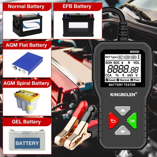 BM550 6V 12V 24V Car Battery Tester, 100-2000 CCA Voltage Tester 2Ah-220Ah Internal Resistance Tester Accurate Digital Auto Battery Analyzer for Cars Trucks SUV ATV Boats Motorcycles Vehicle