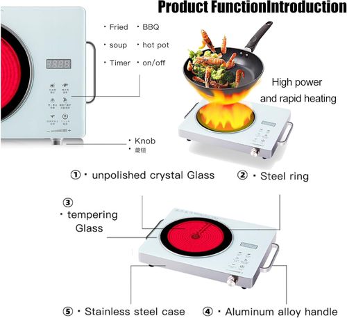Electric Heating Plate, Infrared Cooker, 2200W Double Crystallite Glass Plates Ceramic Hot Plate Cooker, Portable Electric Stove with Variable Temperature Touch Control, Over Heat Protection,White