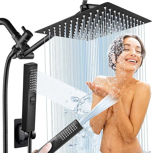 Black Shower Faucet Set, 8inch High Pressure Rain Shower Head, Shower Head with 9 Inch Extension Arm, Dual Shower Head, Handheld Showerhead Combo, 2 in 1 Handheld Shower Head with Holder and Hose