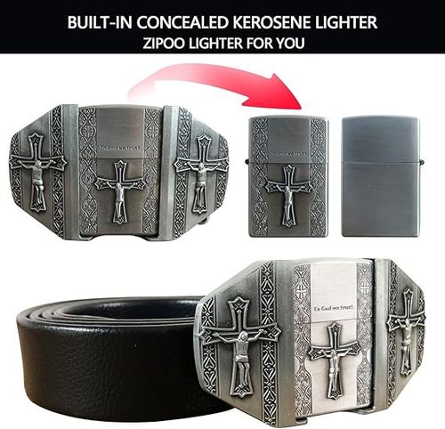 Jesus Cross Men Leather Belts,Hidden Lighter Black Belt - In God We Trust