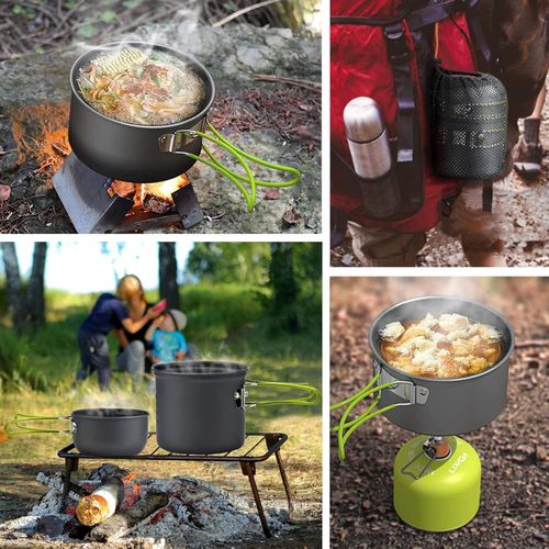 Camping Cookware Mess Kit Backpacking Pot Gear Camping Cooking Pots and Pans Set Camp Kitchen Equipment Accessories Green