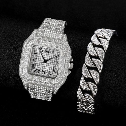 Fashionable and luxurious hip-hop square Roman diamond steel band quartz watch + oval hip-hop diamond bracelet