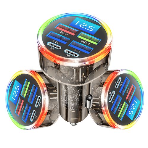 Multi Port USB C Car Charger Adapter with Voltage Display 6 in 1 Super Fast Charge