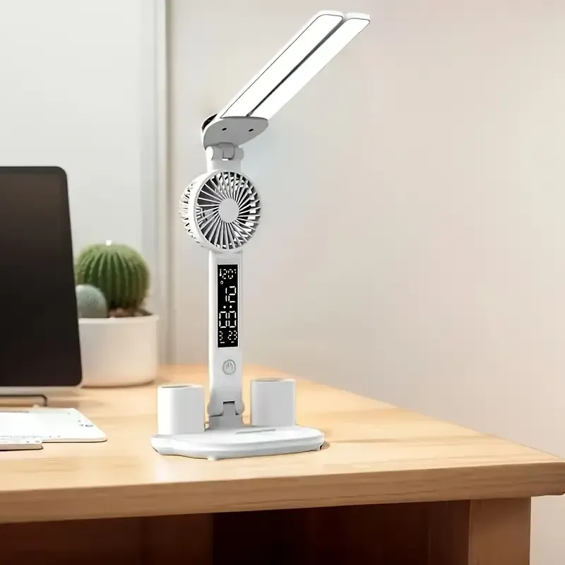 1pcs, Dual-Head Clock Fan, with Lamp, Calendar and Temperature Display