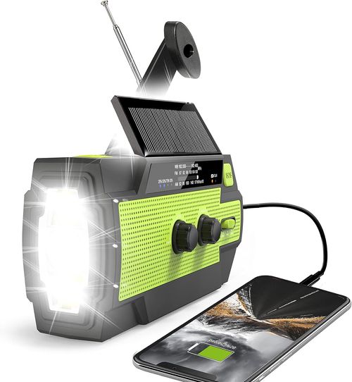 Emergency Crank Weather Radio 4000mAh Solar Hand Crank Portable AM FM NOAA Weather Radio with 1W 3 Mode Flashlight and Motion Sensor Reading Lamp Cell Phone Charger SOS for Home and Emergency Green