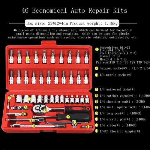 46 in1 wrench screwdrivers forehead, 46PCs combination precision socket wrench set for car, bic, cycle repairing & automobile vehicle service.
