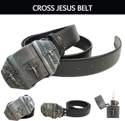 Jesus Cross Men Leather Belts,Hidden Lighter Black Belt - In God We Trust