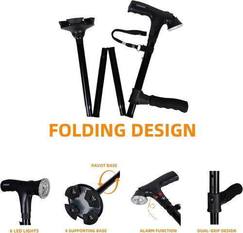 Portable Walking Stick Old Peoples Stick Medical Crutches Folding Walking Cane With LED Light and Alarm