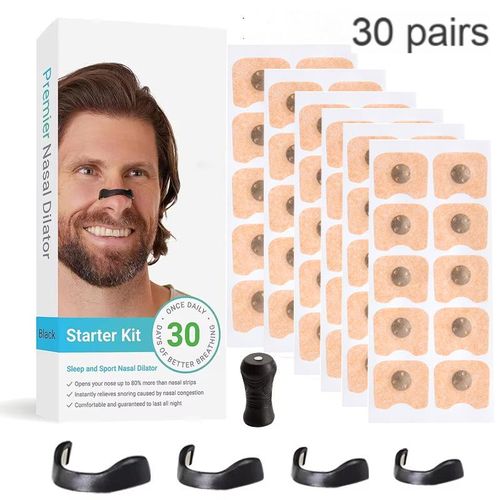 Breathing Nasal Strip Starter Kit (30 Count, Black) - Boost Oxygen Intake, Reduce Snoring, Improve Sleep Quality - Sweat Resistant, Skin Safe Nasal Strips - Extra Strength Snoring Solution