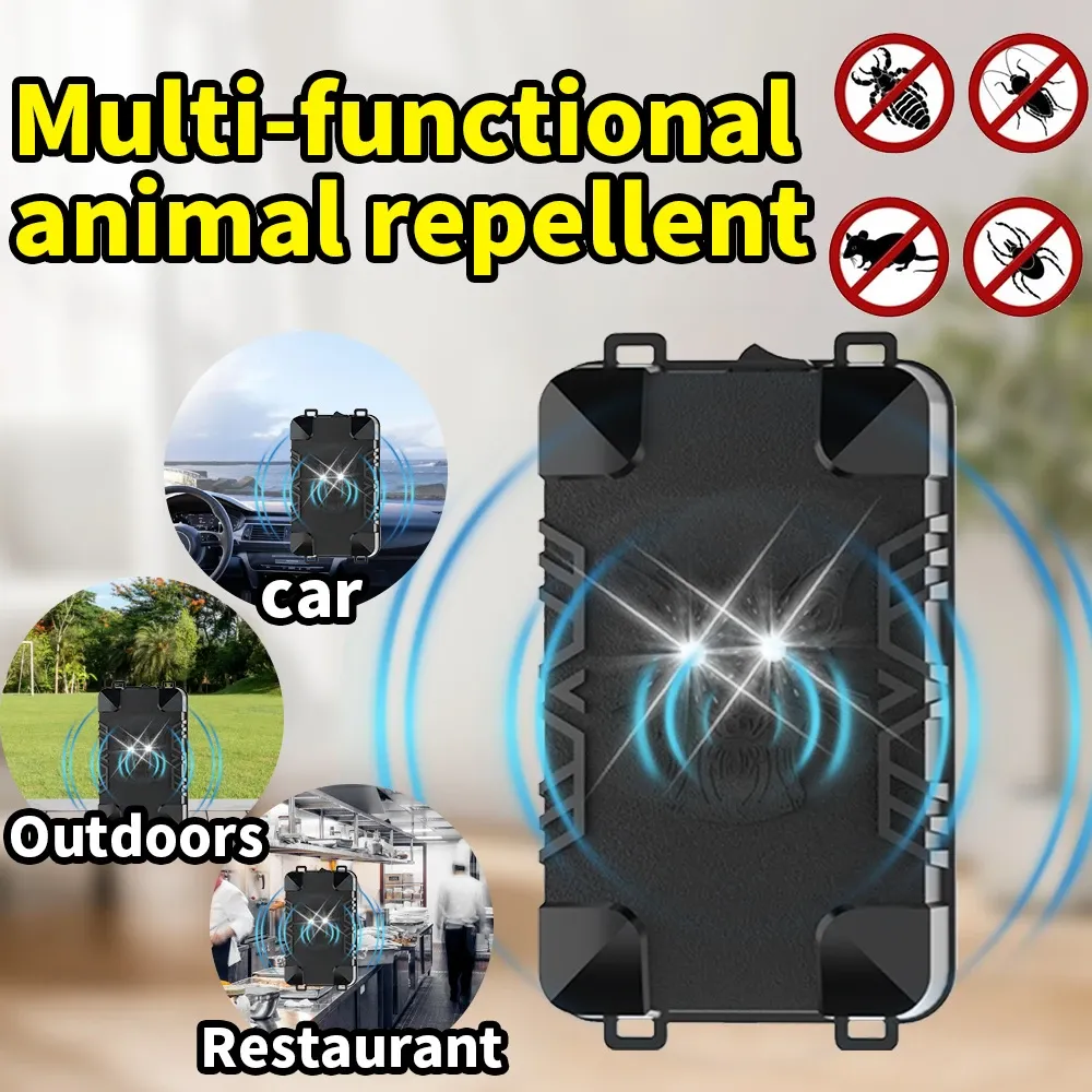 JKUOO Multifunctional Car and Home Pest Repeller, Insertable Ultrasonic Emitter + Flashing Light Dual Repellent, Intelligent Frequency, Flame Retardant Material, Controls the Mice, Mosquitoes, Insects, Spiders, Ants, Roaches, Birds, Suitable for Cars, Houses, Appliances, Kitchens, Warehouses, Dormitorie