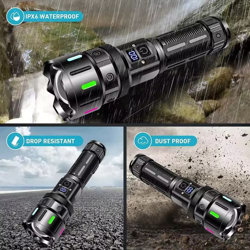High Power LED Flashlight Type-c Rechargeable Tactical Zoom Flashlight Camping Fishing Light with Power Display