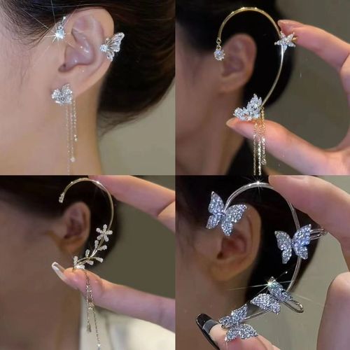 Silver Plated Metal Butterfly Ear Clips Without Piercing for Women Sparkling Zircon Ear Cuff Clip Earrings Wedding Jewelry