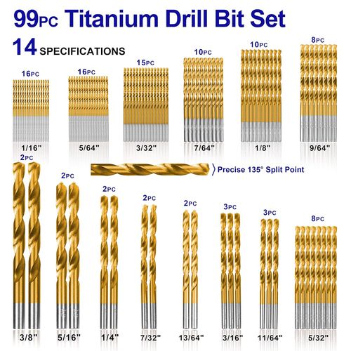 99pcs Straight Shank Twist Drill Set High-Speed Steel Ti-Plating Drill Bits Kit Punching and Drilling Accessory Twist Drills with Storage Box