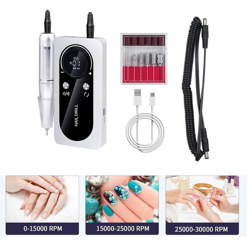 Electric 45000RPM Nail Drill Machine Rechargeable Portable Nail File Electric DIY Nail Drill Kit with Smart LCD Screen for Gel Nail Manicure and Pedicure Reflective Body etc(White)