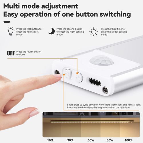 30cm LED Under Cabinet Lighting Motion Sensor Wireless Rechargeable Closet Light, Ultra Thin Under Cabinet Light for Kitchen, 3-Color Dimmable Night Light for Bedroom Closet Cupboard Wardrobe Stairs