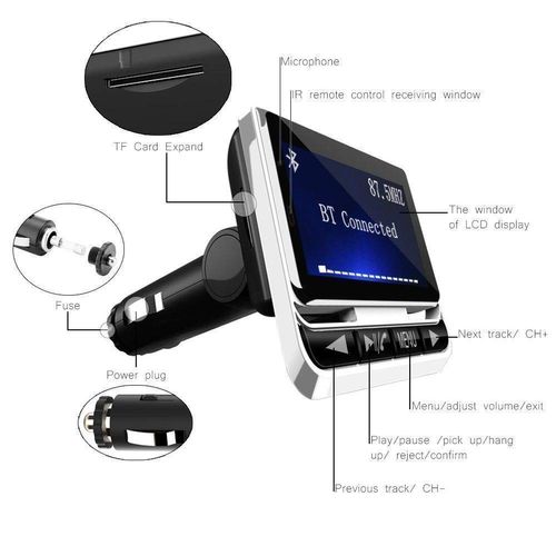 FM Transmitter, Bluetooth Wireless Radio Adapter Audio Receiver Stereo Music Tuner Modulator Car Kit with USB Charger, Remote Control
