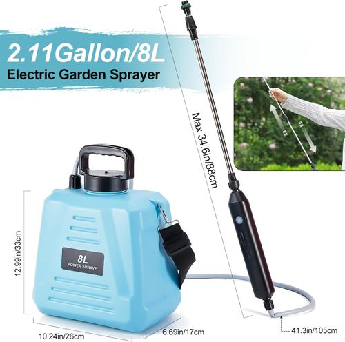 2.11 Gallon(8L) Sprayer, Electric Garden Sprayer with 3 Mist Nozzles, USB Rechargeable Handle and Retractable Wand, Adjustable Shoulder Strap for Lawn, Cleaning