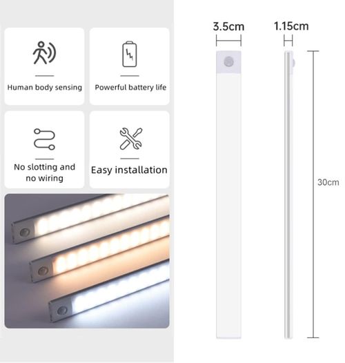 30cm LED Under Cabinet Lighting Motion Sensor Wireless Rechargeable Closet Light, Ultra Thin Under Cabinet Light for Kitchen, 3-Color Dimmable Night Light for Bedroom Closet Cupboard Wardrobe Stairs