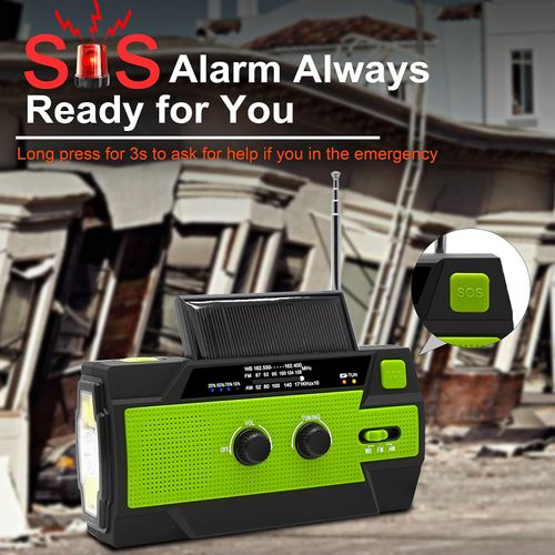 Emergency Crank Weather Radio 4000mAh Solar Hand Crank Portable AM FM NOAA Weather Radio with 1W 3 Mode Flashlight and Motion Sensor Reading Lamp Cell Phone Charger SOS for Home and Emergency Green