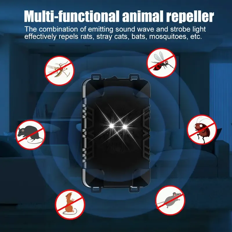 JKUOO Multifunctional Car and Home Pest Repeller, Insertable Ultrasonic Emitter + Flashing Light Dual Repellent, Intelligent Frequency, Flame Retardant Material, Controls the Mice, Mosquitoes, Insects, Spiders, Ants, Roaches, Birds, Suitable for Cars, Houses, Appliances, Kitchens, Warehouses, Dormitorie