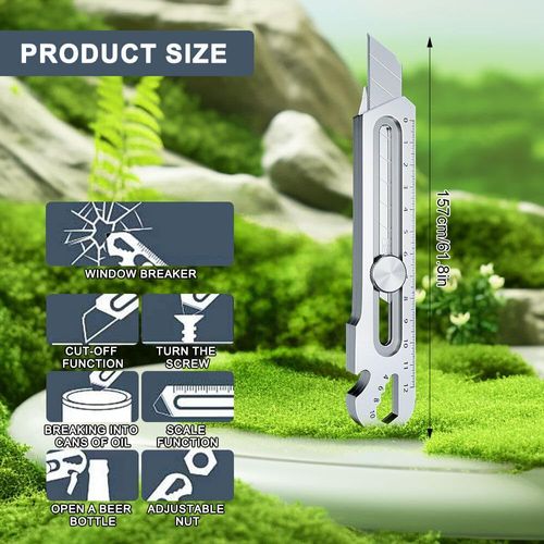 6 in 1 Versatile Tool Cutter, Utility Knife, Lightweight, Sharp, Stainless Steel, Cutter, Durable, Multi-functional Utility Knife, Screw,Nut Turning, Lid Opener, Ruler, Bottle Opener, Convenient,Free 2 boxes (20 pieces) of blades