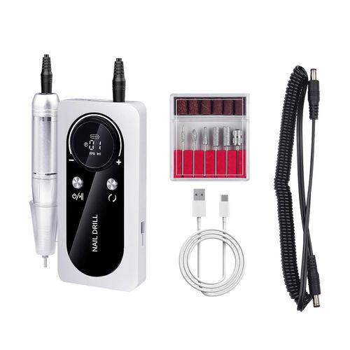 Electric 45000RPM Nail Drill Machine Rechargeable Portable Nail File Electric DIY Nail Drill Kit with Smart LCD Screen for Gel Nail Manicure and Pedicure Reflective Body etc(White)