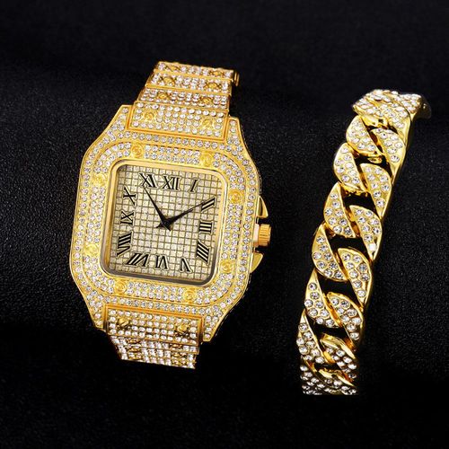 Fashionable and luxurious hip-hop square Roman diamond steel band quartz watch + oval hip-hop diamond bracelet
