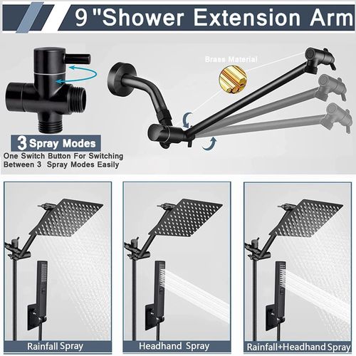 Black Shower Faucet Set, 8inch High Pressure Rain Shower Head, Shower Head with 9 Inch Extension Arm, Dual Shower Head, Handheld Showerhead Combo, 2 in 1 Handheld Shower Head with Holder and Hose