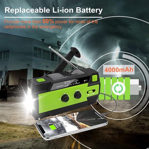 Emergency Crank Weather Radio 4000mAh Solar Hand Crank Portable AM FM NOAA Weather Radio with 1W 3 Mode Flashlight and Motion Sensor Reading Lamp Cell Phone Charger SOS for Home and Emergency Green