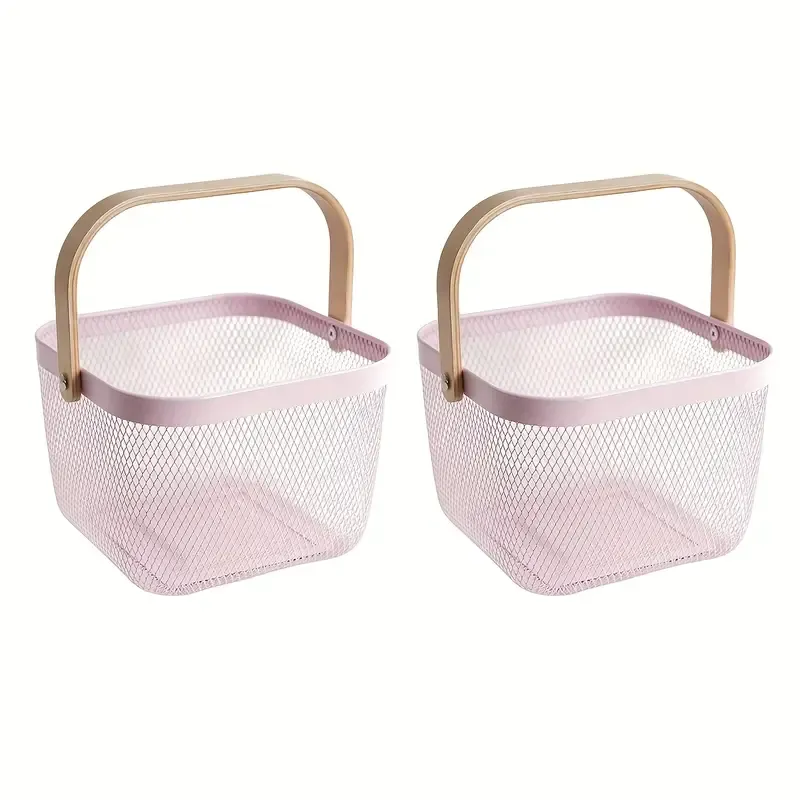 2pcs Square Metal Mesh Fruit Baskets with Wooden Handles
