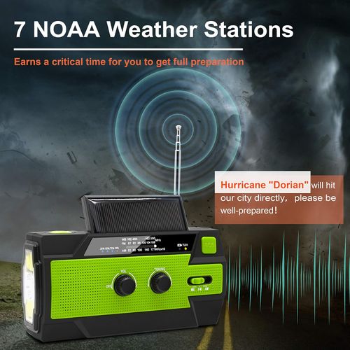 Emergency Crank Weather Radio 4000mAh Solar Hand Crank Portable AM FM NOAA Weather Radio with 1W 3 Mode Flashlight and Motion Sensor Reading Lamp Cell Phone Charger SOS for Home and Emergency Green
