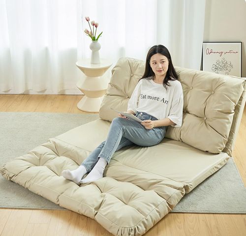 Relax in Style:Creamy Double Seater Folding Sofa Bed,Multi-Functional Lounger,Sleek and Washable Design,Make a Statement in Your Bedroom or Fashionable Patio