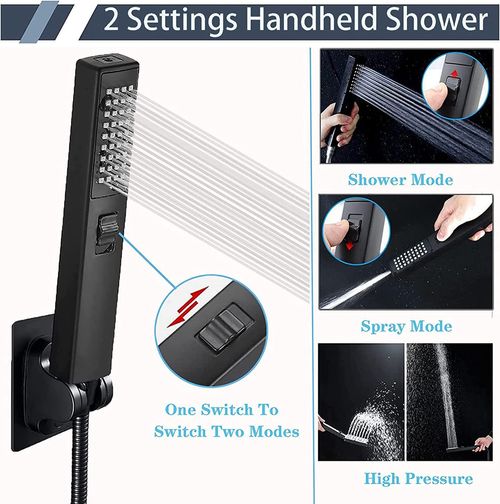 Black Shower Faucet Set, 8inch High Pressure Rain Shower Head, Shower Head with 9 Inch Extension Arm, Dual Shower Head, Handheld Showerhead Combo, 2 in 1 Handheld Shower Head with Holder and Hose