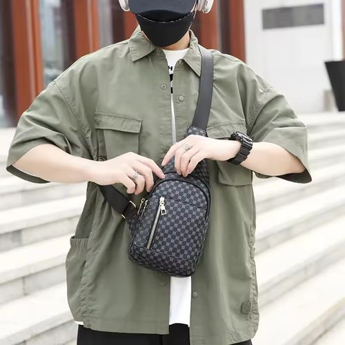VC Men's Double Pockets Urban Travel Chest Bag Lightweight PU Leather Men Shoulder Bag Phone Sling Crossbody Bags for Men