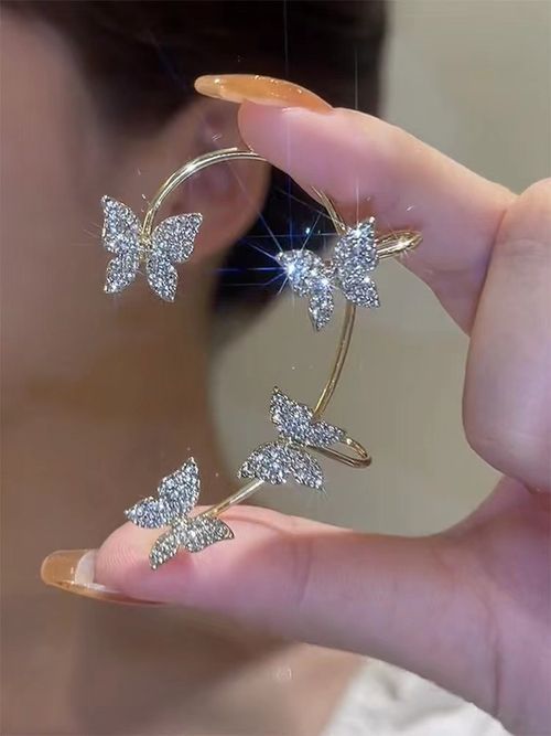 Silver Plated Metal Butterfly Ear Clips Without Piercing for Women Sparkling Zircon Ear Cuff Clip Earrings Wedding Jewelry