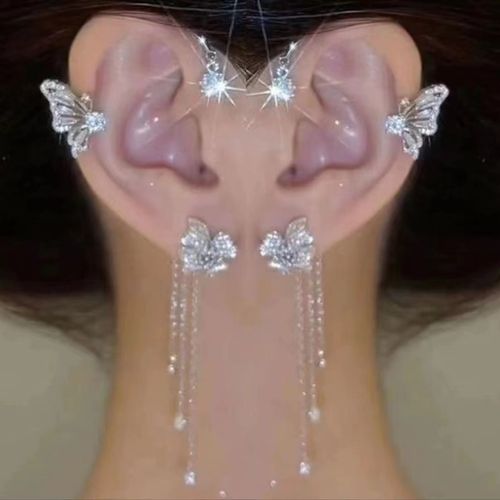 Silver Plated Metal Butterfly Ear Clips Without Piercing for Women Sparkling Zircon Ear Cuff Clip Earrings Wedding Jewelry