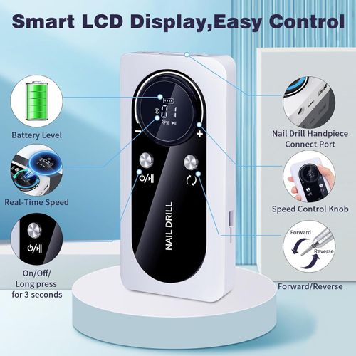 Electric 45000RPM Nail Drill Machine Rechargeable Portable Nail File Electric DIY Nail Drill Kit with Smart LCD Screen for Gel Nail Manicure and Pedicure Reflective Body etc(White)