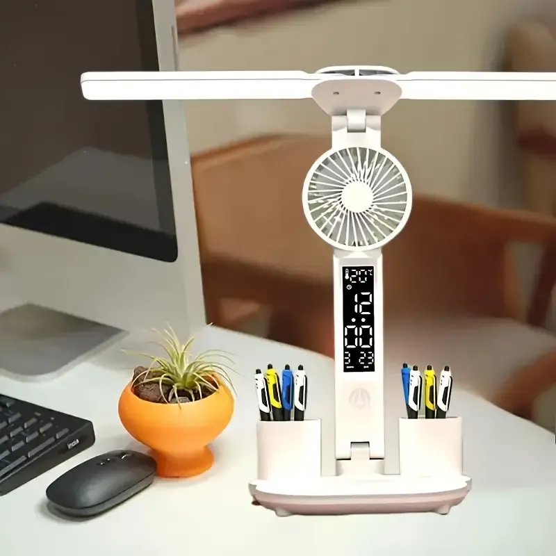 1pcs, Dual-Head Clock Fan, with Lamp, Calendar and Temperature Display