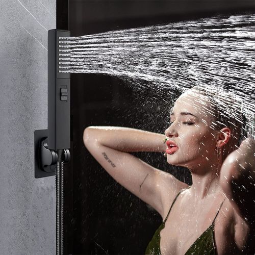Black Shower Faucet Set, 8inch High Pressure Rain Shower Head, Shower Head with 9 Inch Extension Arm, Dual Shower Head, Handheld Showerhead Combo, 2 in 1 Handheld Shower Head with Holder and Hose