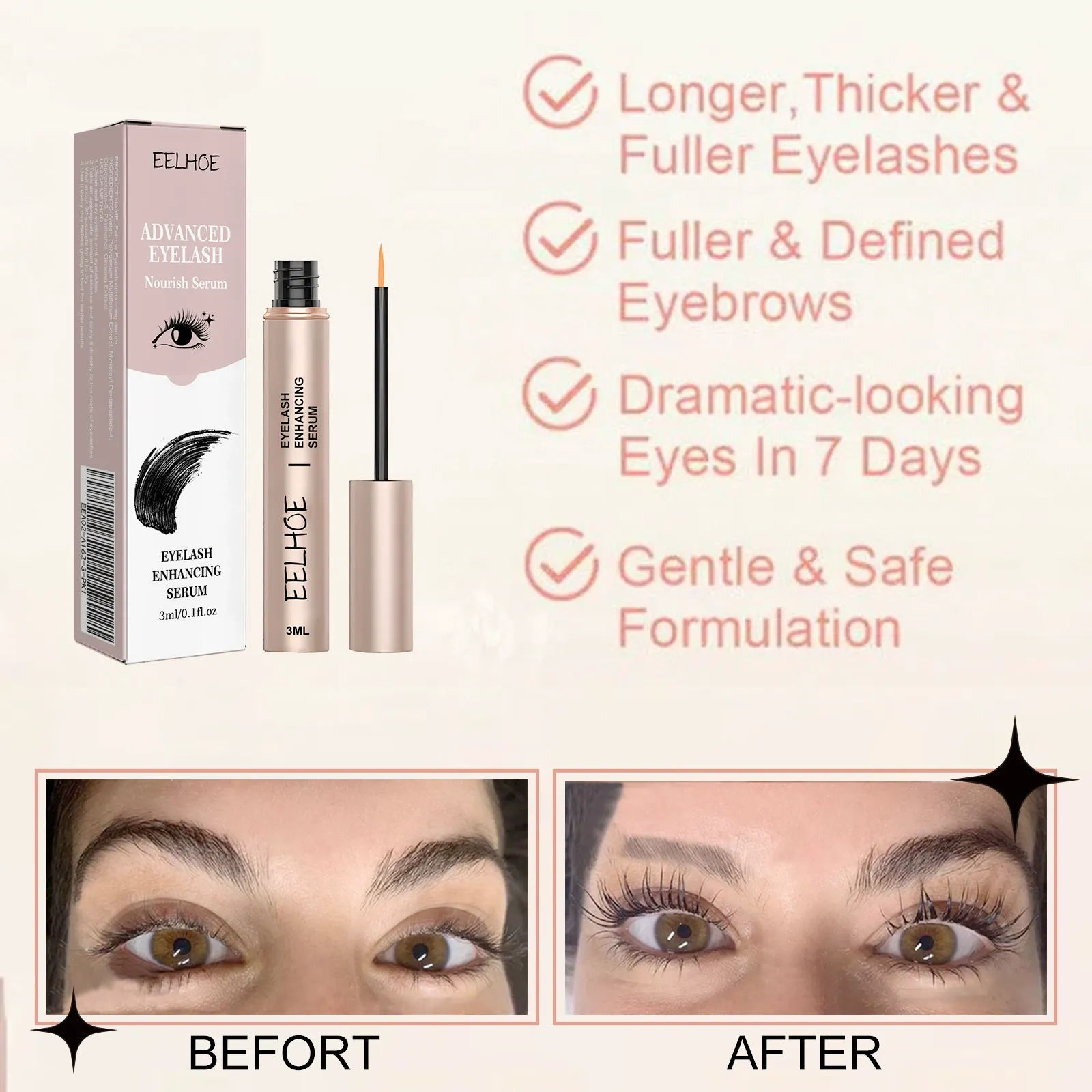 Natural Seamless Curling, Lengthening, Jet Black, Dense, and Gorgeous Eyelash Nourishing Care Serum