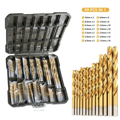 99pcs Straight Shank Twist Drill Set High-Speed Steel Ti-Plating Drill Bits Kit Punching and Drilling Accessory Twist Drills with Storage Box