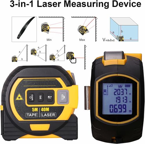 3 in 1 Digital Distance Meters with LCD Display, 40M Measure, 5M Tape Measure, Vertical Cross Line
